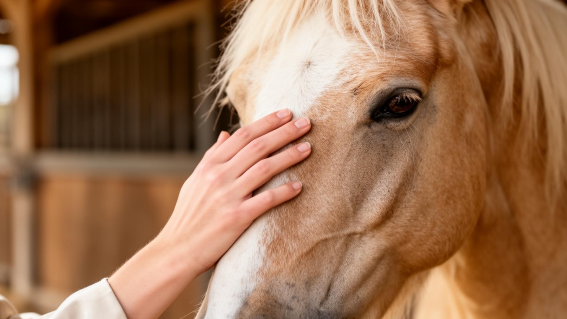 A gentle hand resting on a horse's face